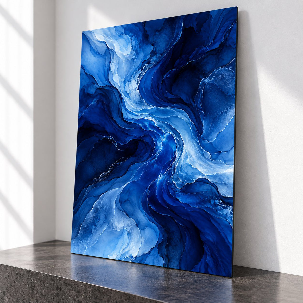 Cobalt Blue Flow Abstract Metal Wall Art — closeup basalt console