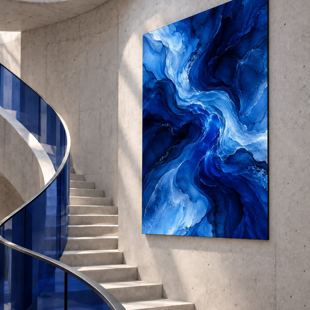 Cobalt Blue Flow Abstract Metal Wall Art — side angle curved stair