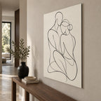 Black White Line Figures Minimalist Metal Wall Art — side angle hallway