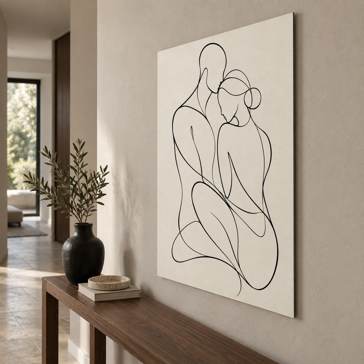 Black White Line Figures Minimalist Metal Wall Art — side angle hallway