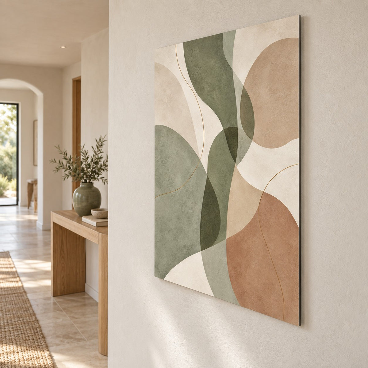 Sage Organic Shapes Minimalist Metal Wall Art — side angle hallway