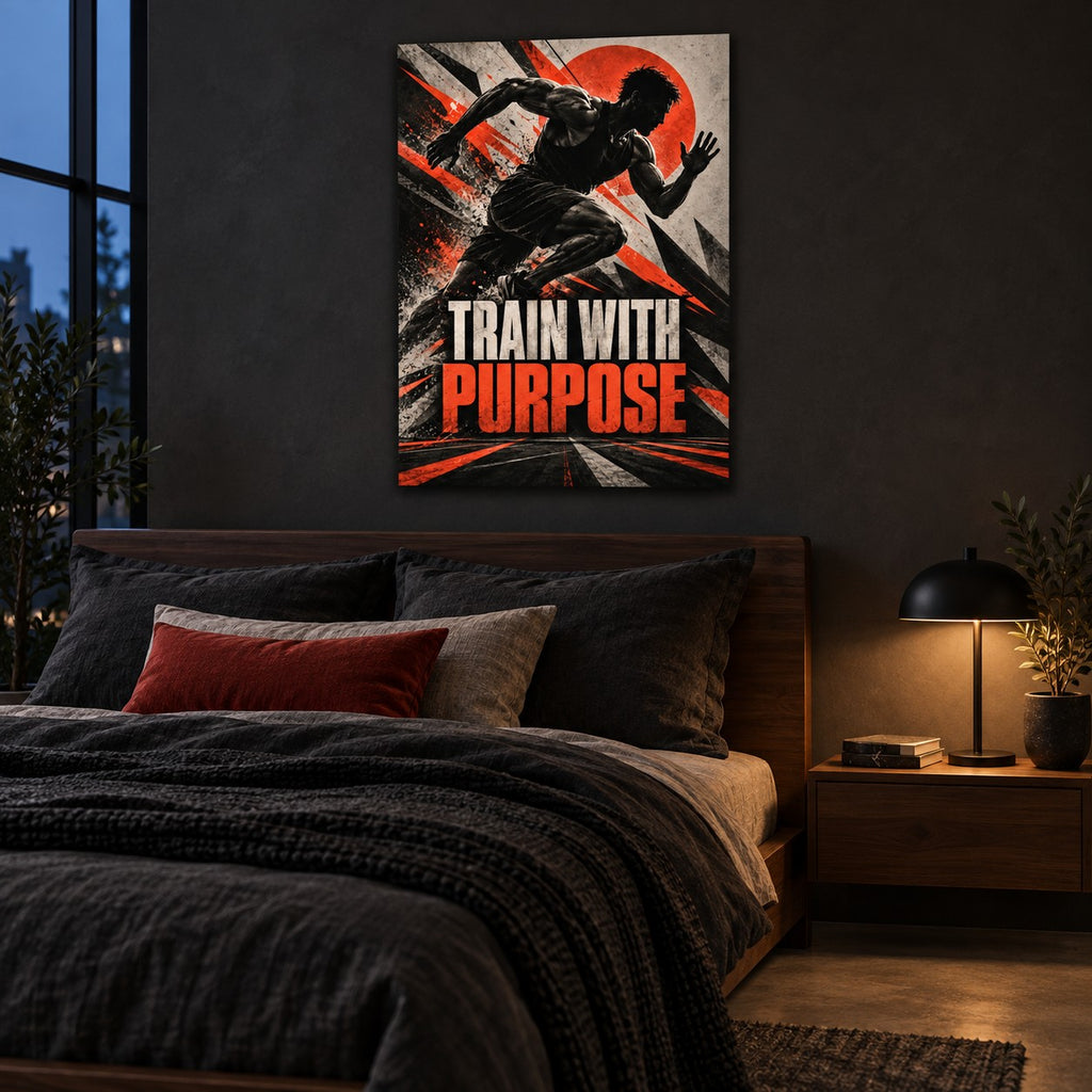 Train With Purpose Gym Metal Wall Art — dark bedroom