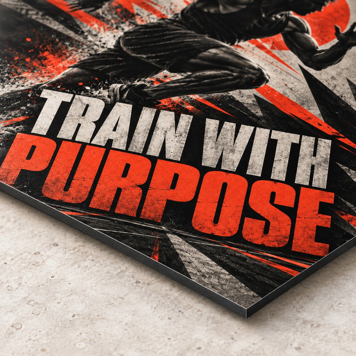 Train With Purpose Gym Metal Wall Art — closeup bottom corner