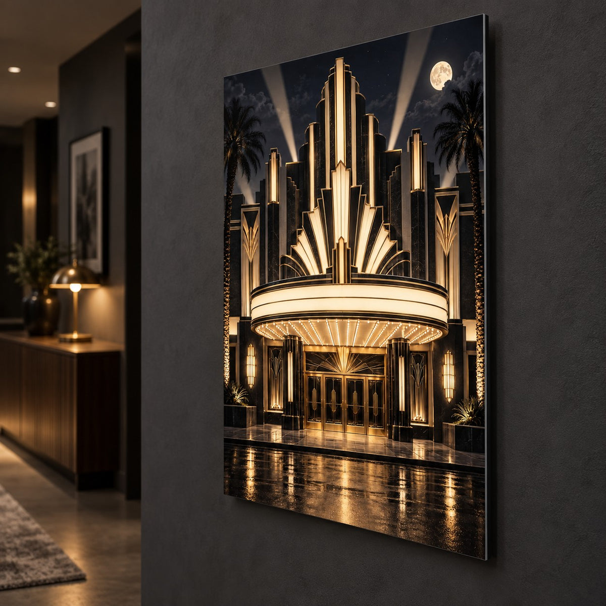 Art Deco Home Cinema Metal Wall Art — side angle hallway