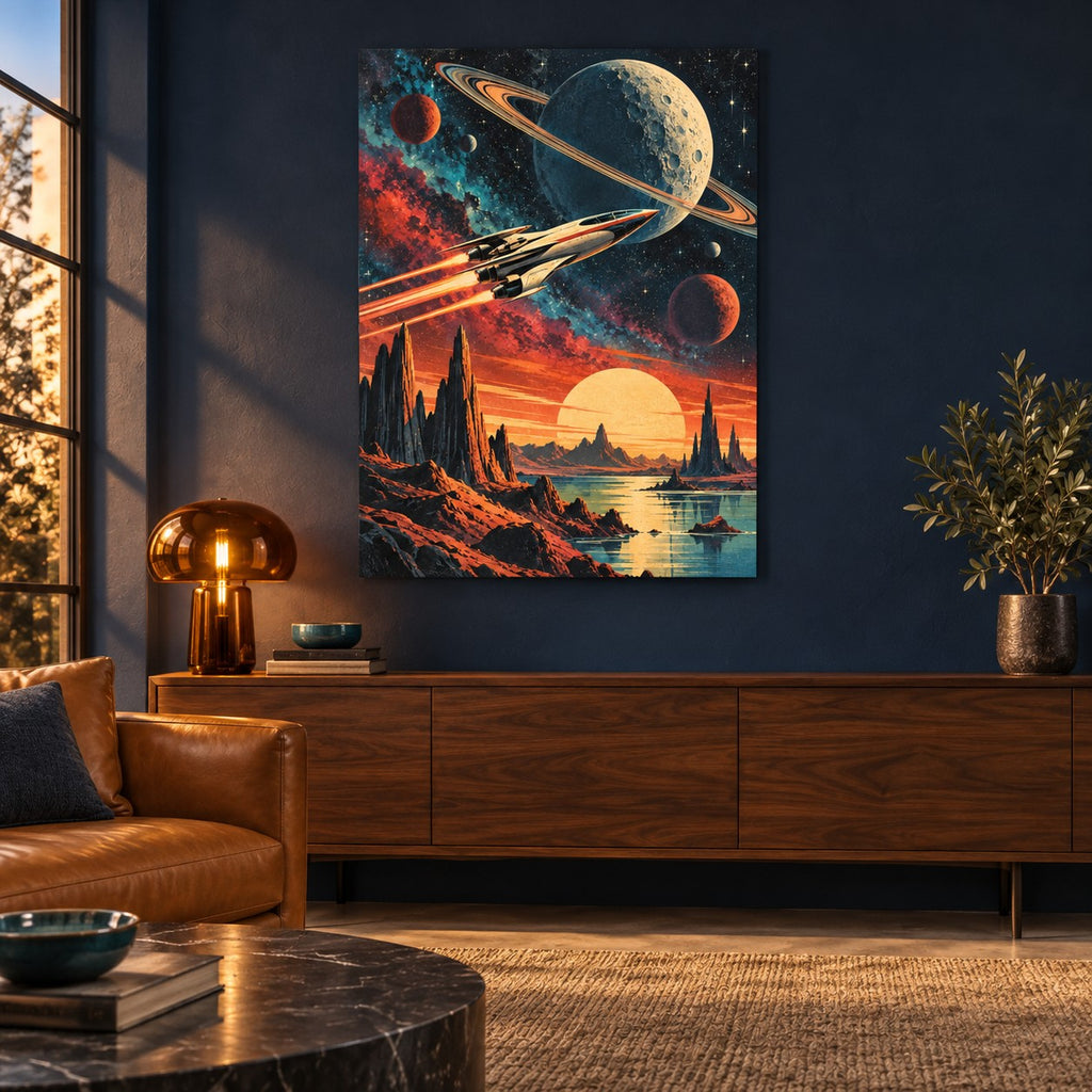 Retro Cosmic Cinema Movie Metal Wall Art — retro modern living room