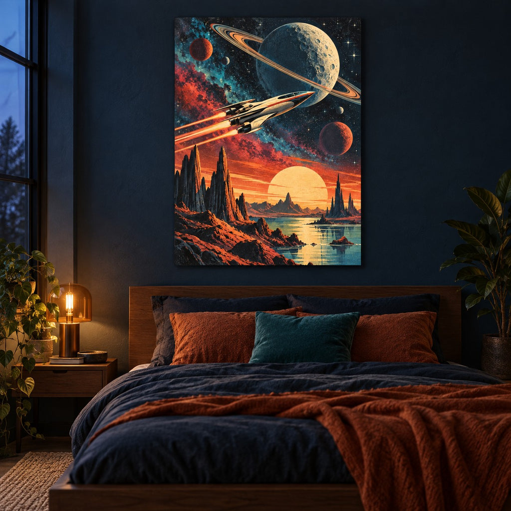 Retro Cosmic Cinema Movie Metal Wall Art — dark retro bedroom