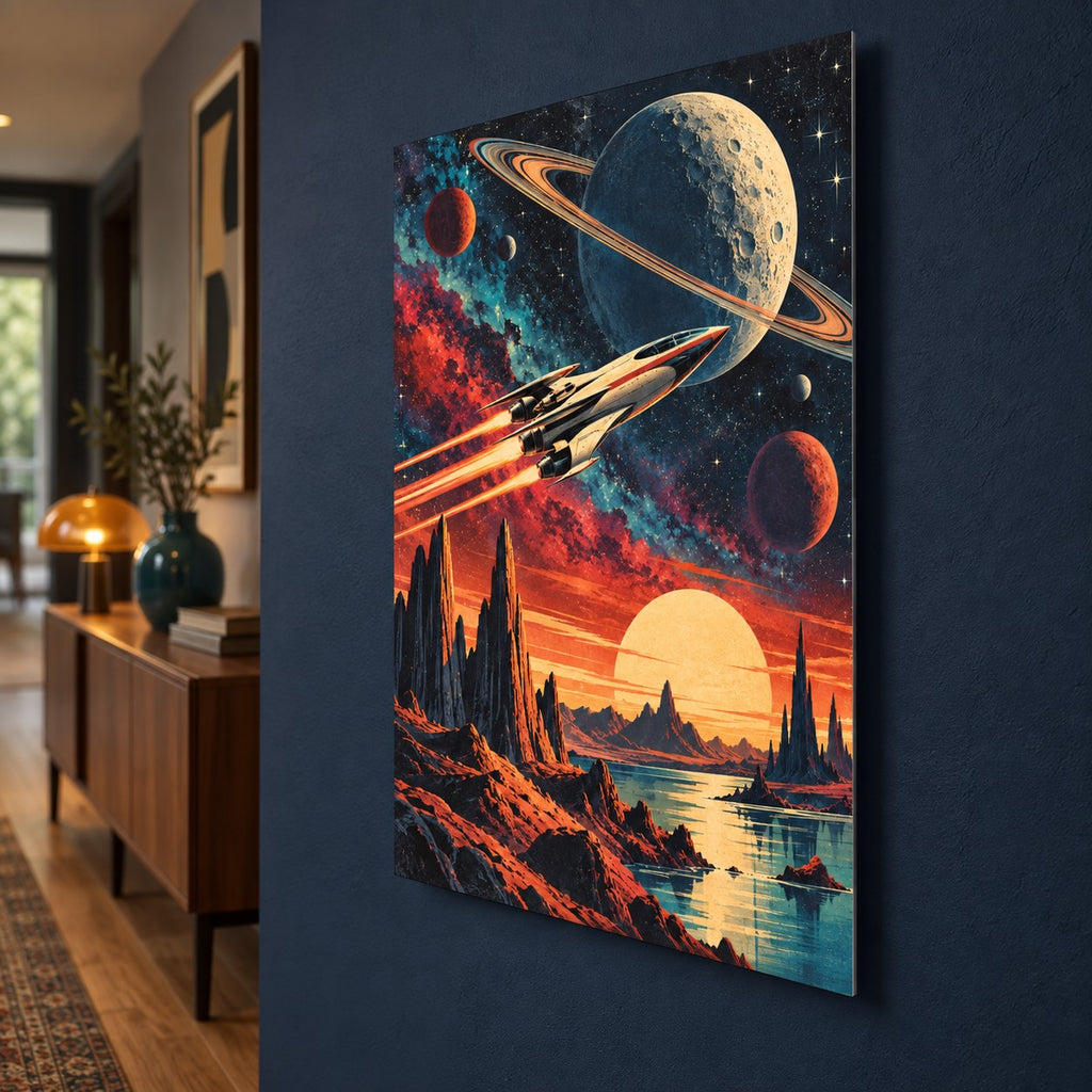 Retro Cosmic Cinema Movie Metal Wall Art — side angle hallway