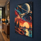Retro Cosmic Cinema Movie Metal Wall Art — side angle hallway