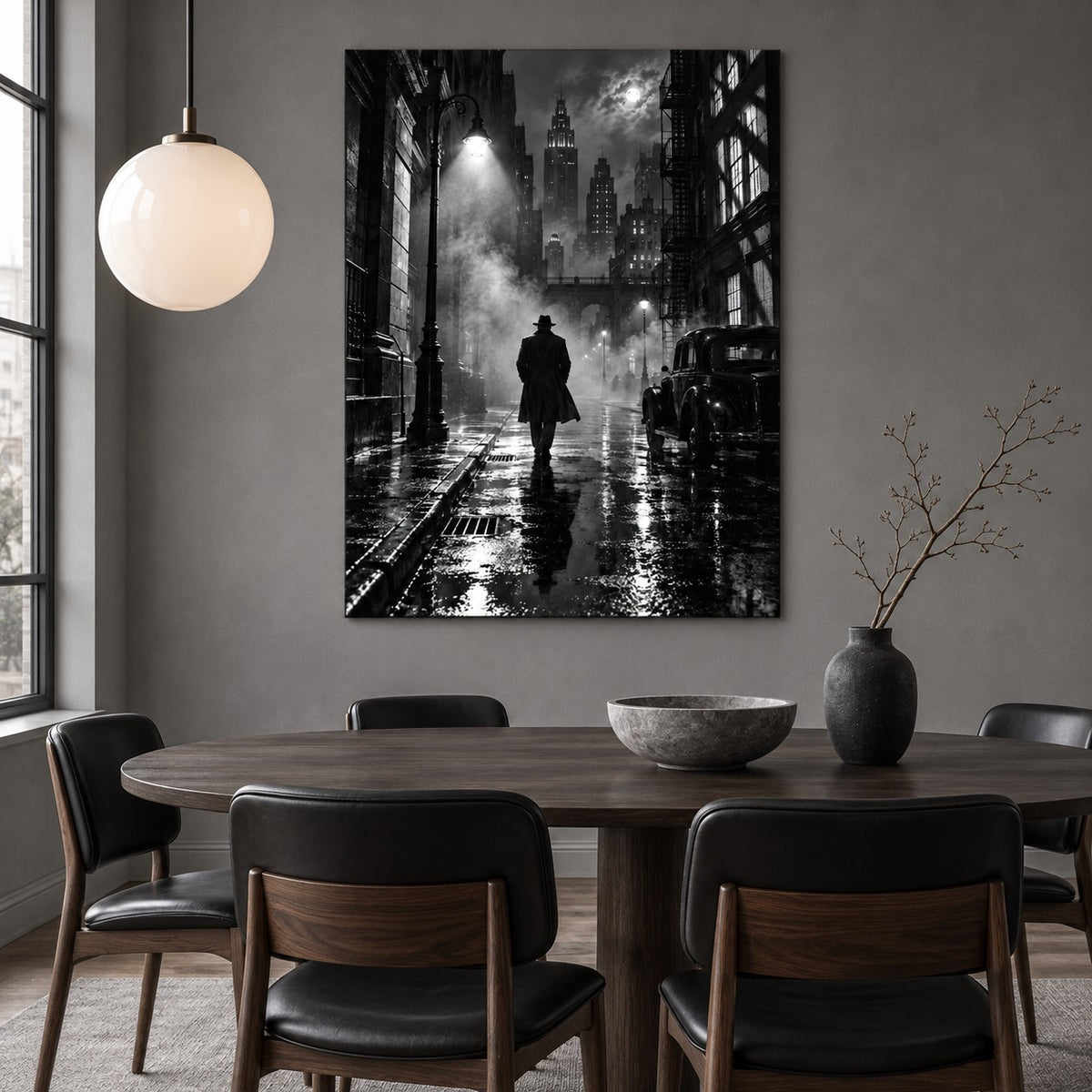 Film Noir City Home Cinema Metal Wall Art — monochrome dining room