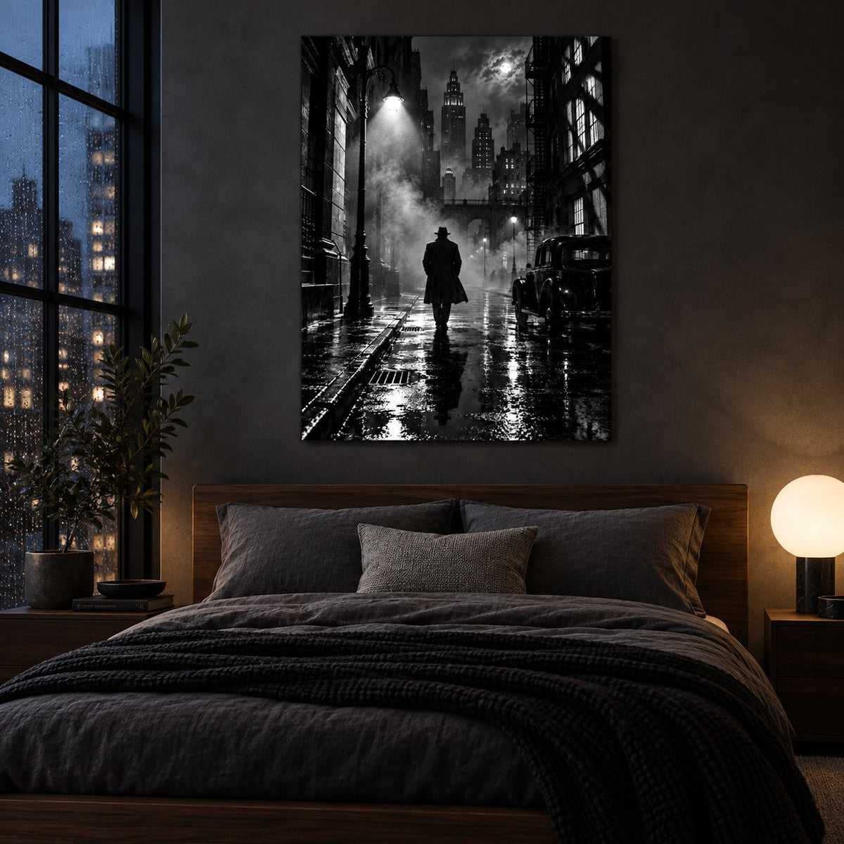 Film Noir City Home Cinema Metal Wall Art — dark urban bedroom