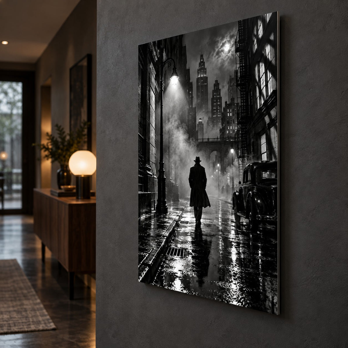 Film Noir City Home Cinema Metal Wall Art — side angle hallway