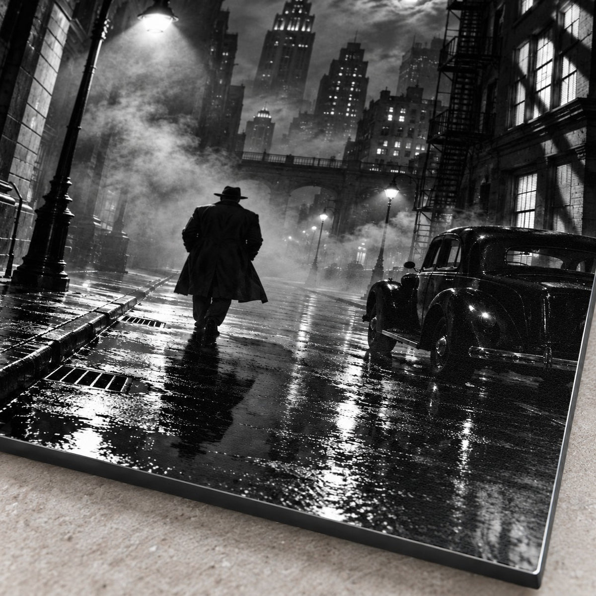 Film Noir City Home Cinema Metal Wall Art — macro print surface