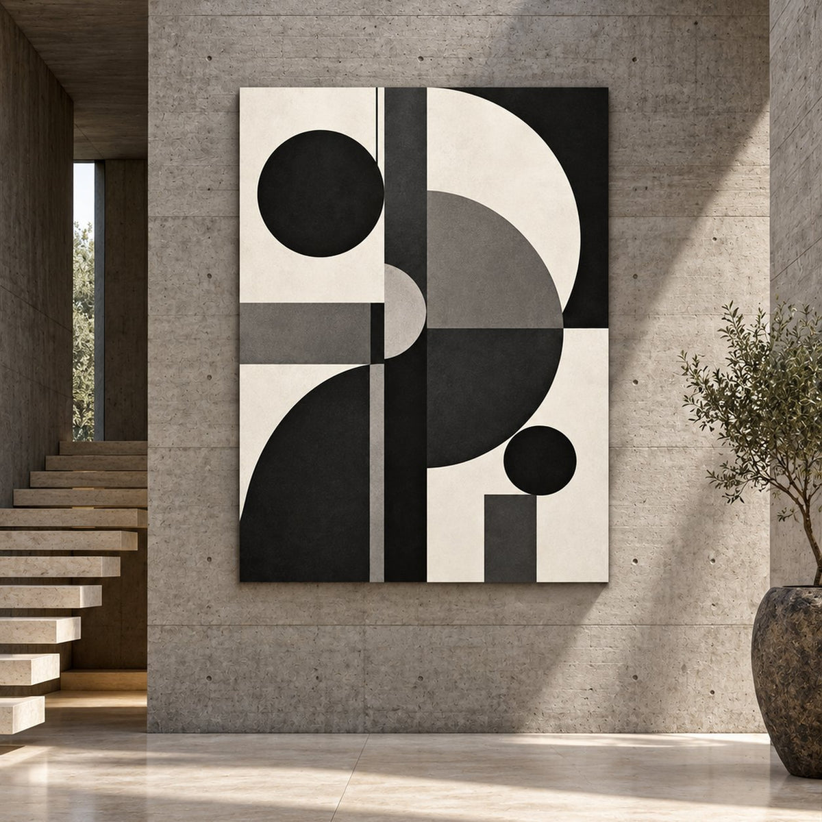 Black Mono Geometry Abstract Metal Wall Art — brutalist villa foyer
