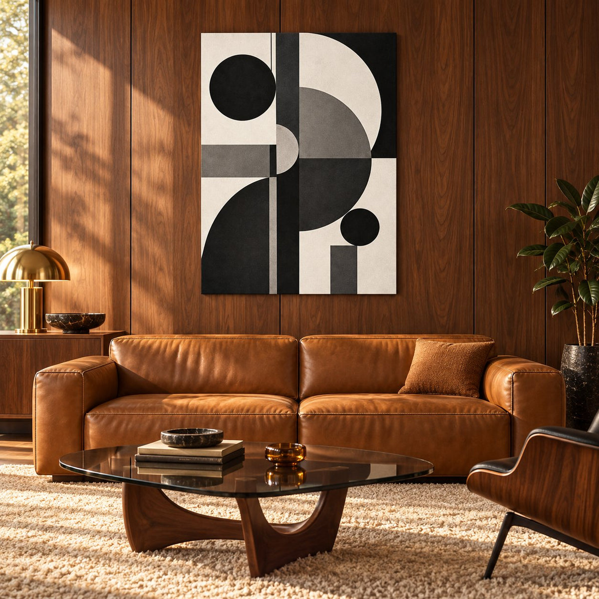 Black Mono Geometry Abstract Metal Wall Art — midcentury walnut lounge