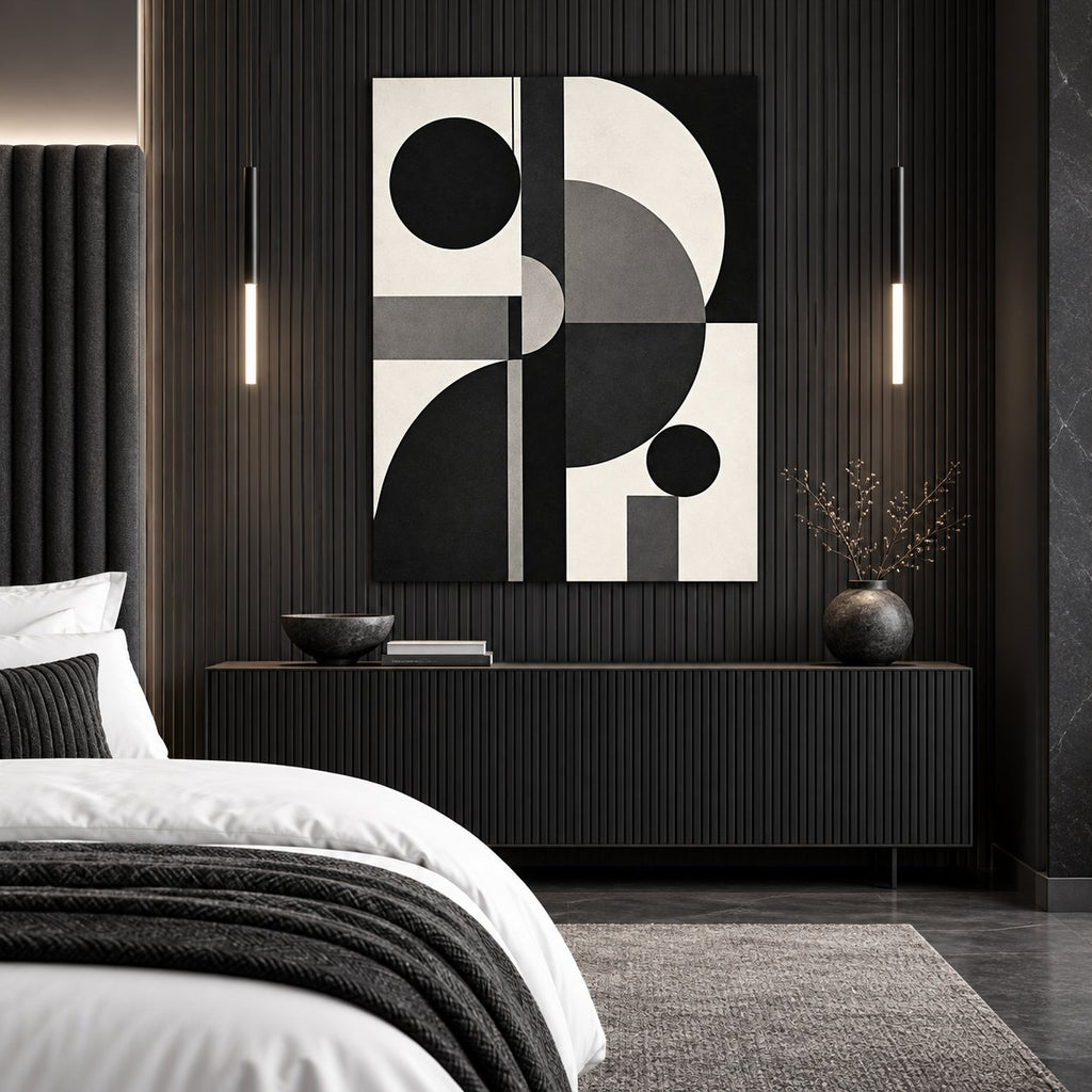 Black Mono Geometry Abstract Metal Wall Art — designer monochrome bedroom