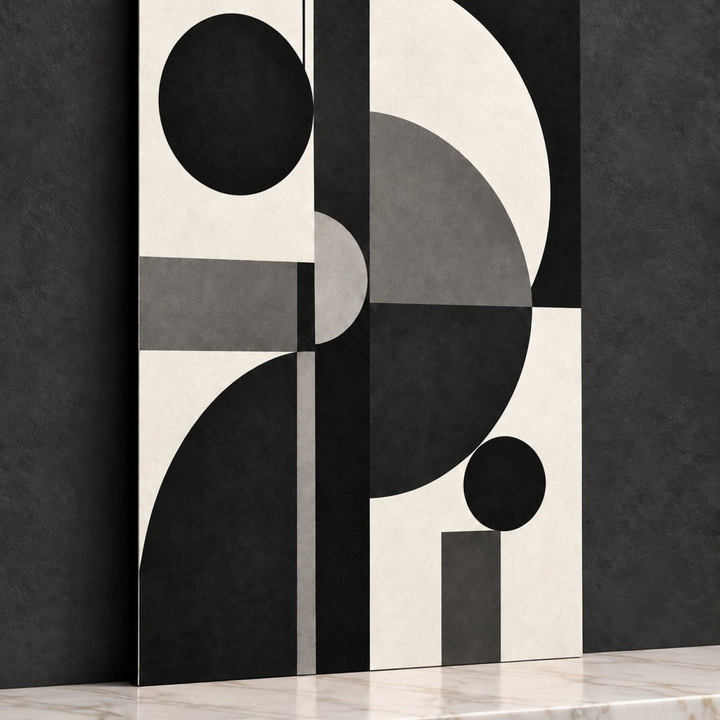 Black Mono Geometry Abstract Metal Wall Art — closeup calacatta shelf