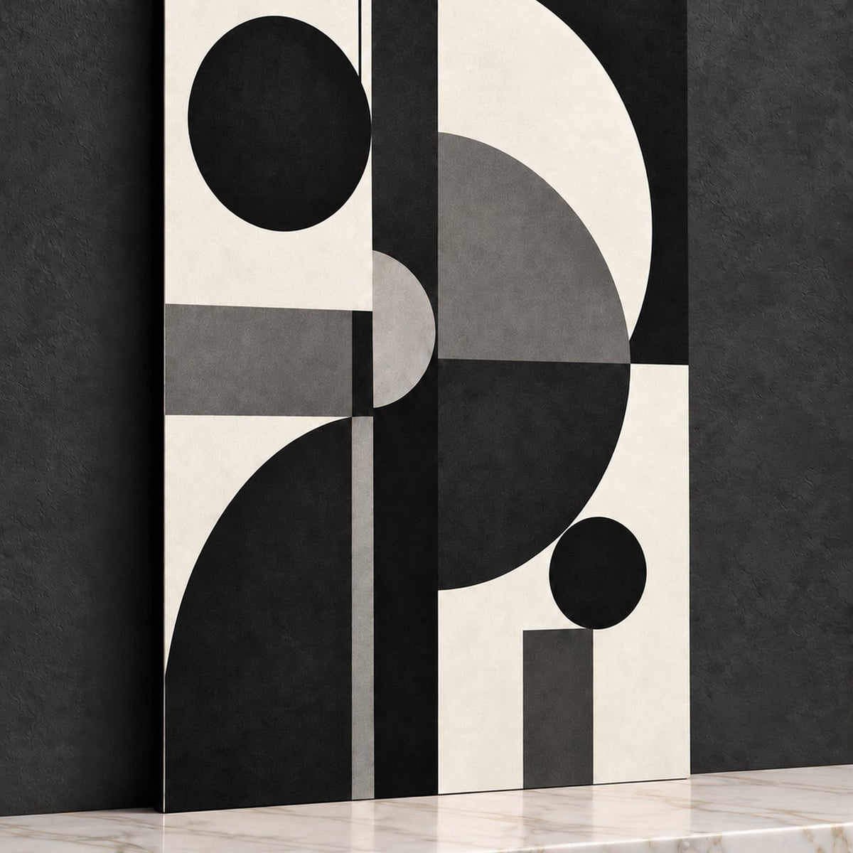 Black Mono Geometry Abstract Metal Wall Art — closeup calacatta shelf