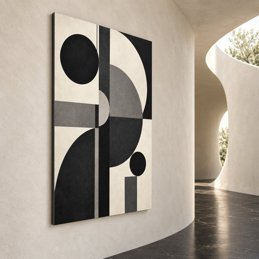 Black Mono Geometry Abstract Metal Wall Art — side angle curved corridor