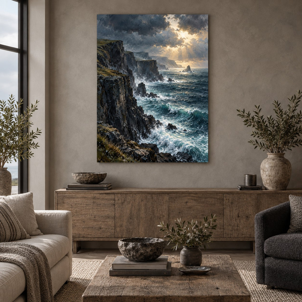 Moody Coastal Oil Painting Metal Wall Art — coastal living room