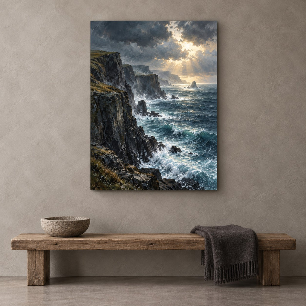 Moody Coastal Oil Painting Metal Wall Art — gallery display