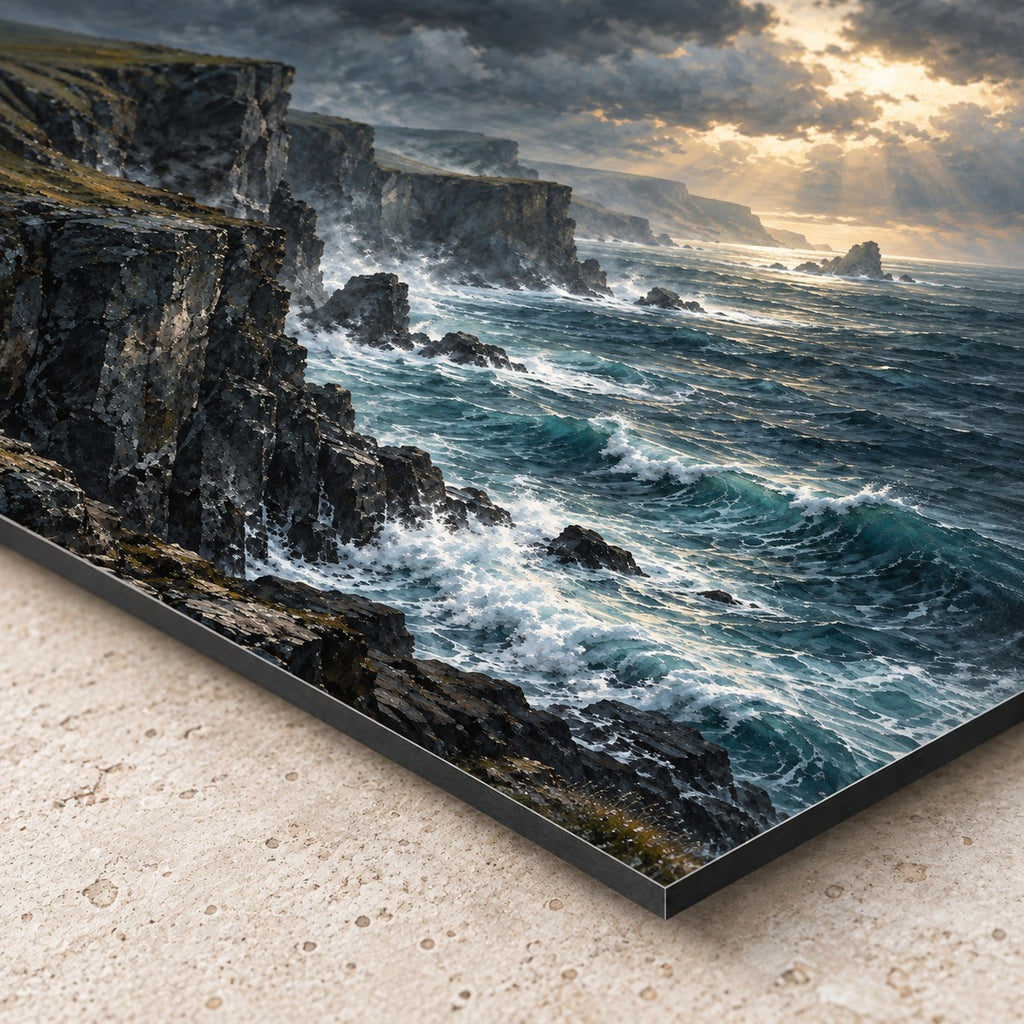 Moody Coastal Oil Painting Metal Wall Art — closeup bottom corner