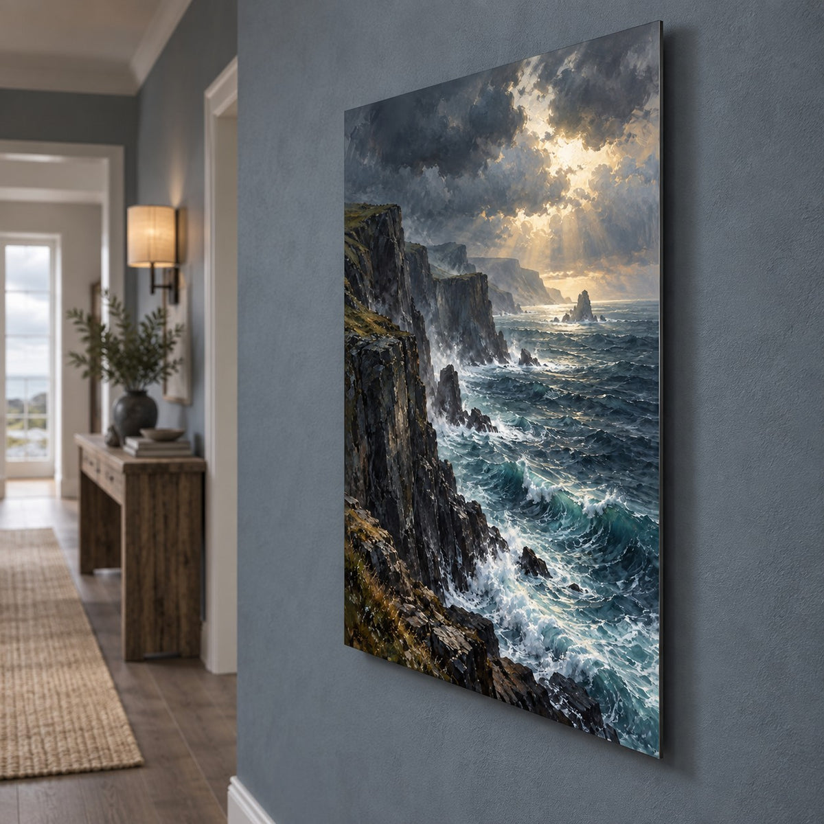 Moody Coastal Oil Painting Metal Wall Art — side angle hallway