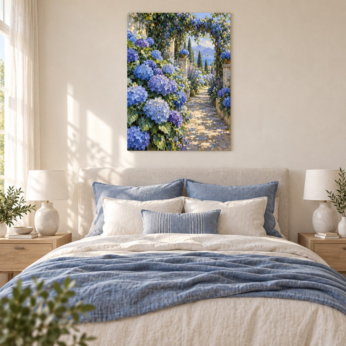 Blue Garden Oil Painting Style Metal Wall Art — blue bedroom