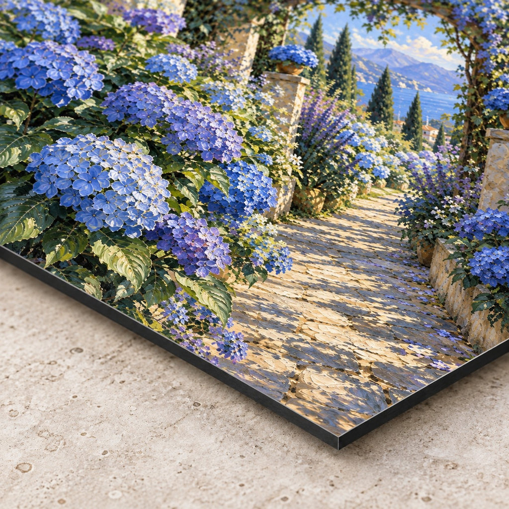 Blue Garden Oil Painting Style Metal Wall Art — closeup bottom corner