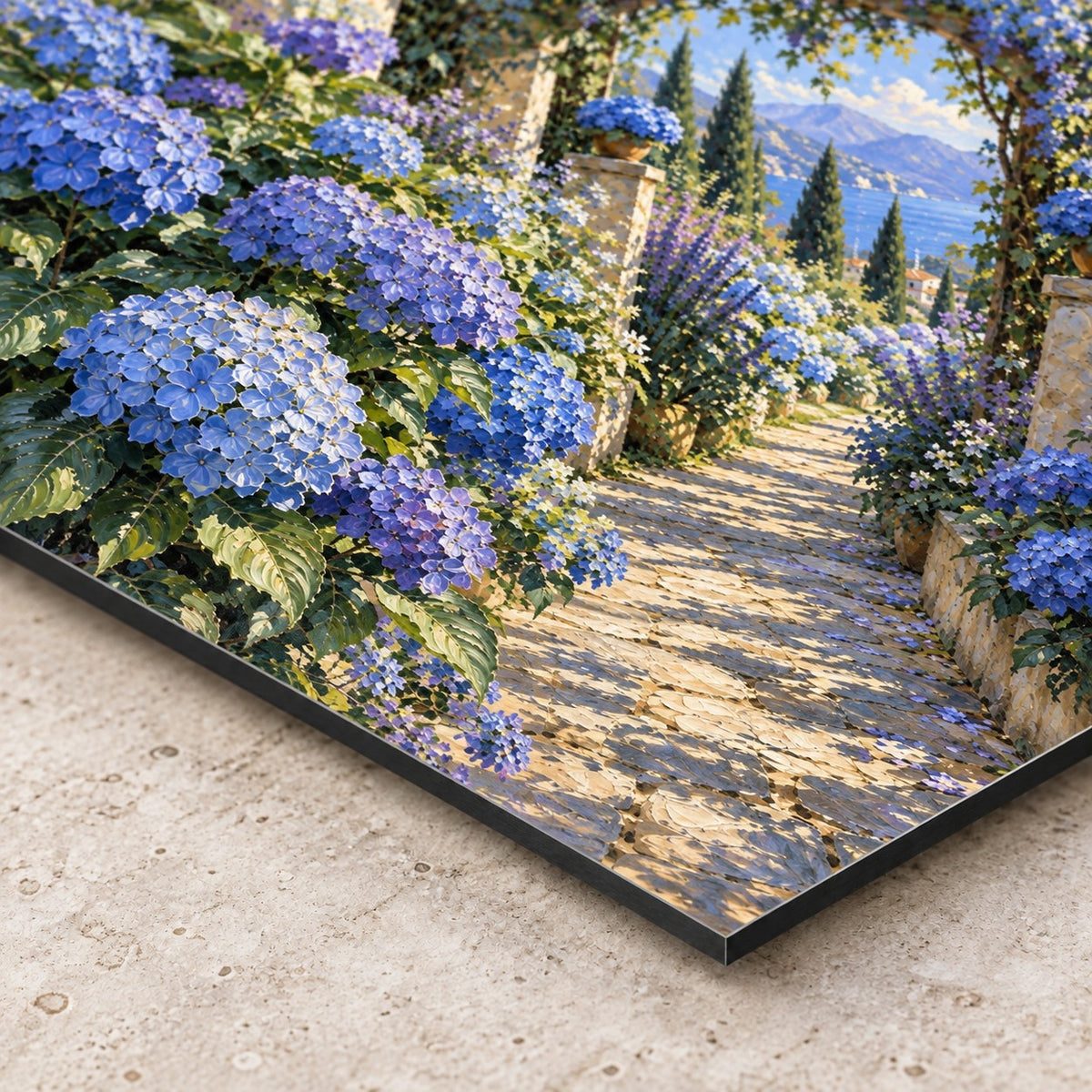 Blue Garden Oil Painting Style Metal Wall Art — closeup bottom corner