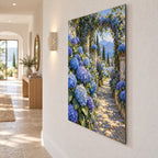 Blue Garden Oil Painting Style Metal Wall Art — side angle hallway