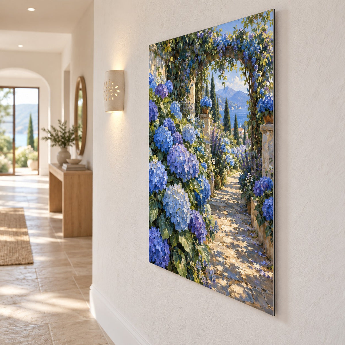 Blue Garden Oil Painting Style Metal Wall Art — side angle hallway