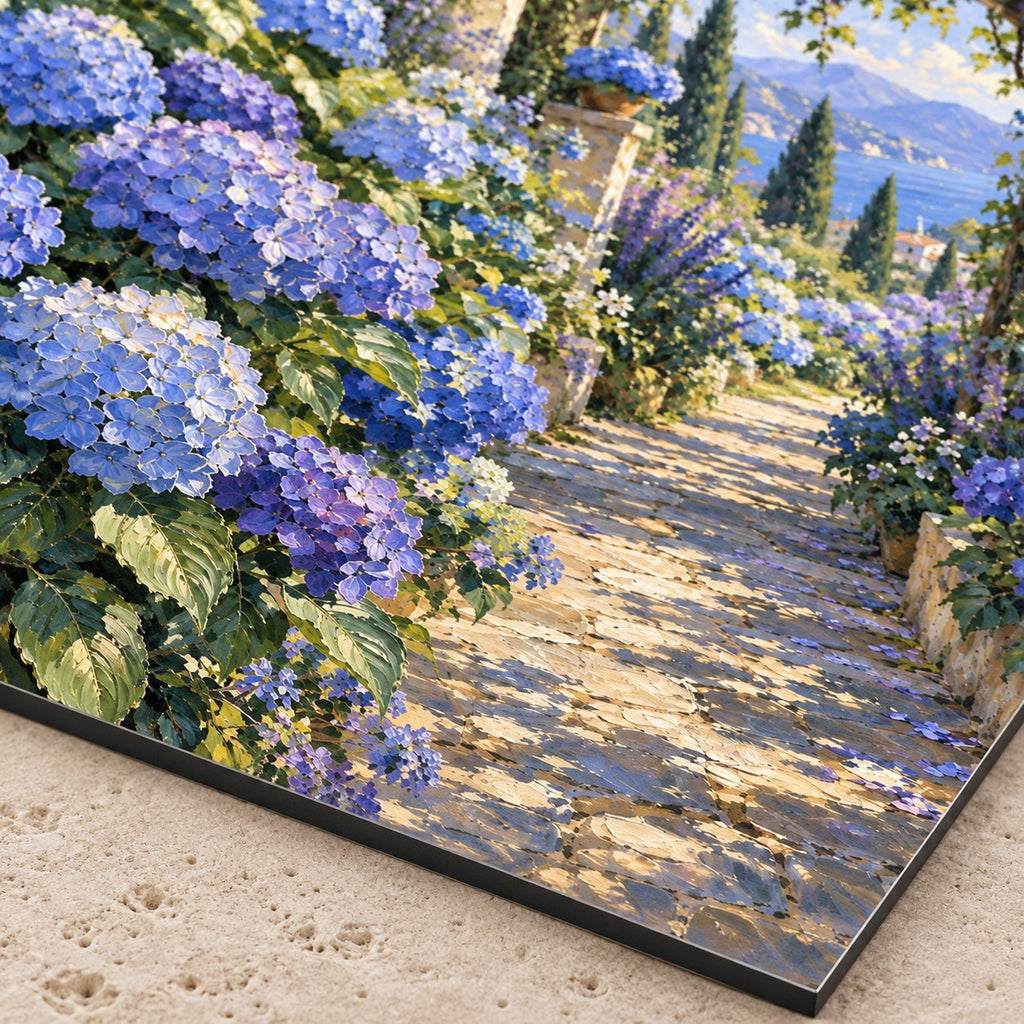 Blue Garden Oil Painting Style Metal Wall Art — macro print surface