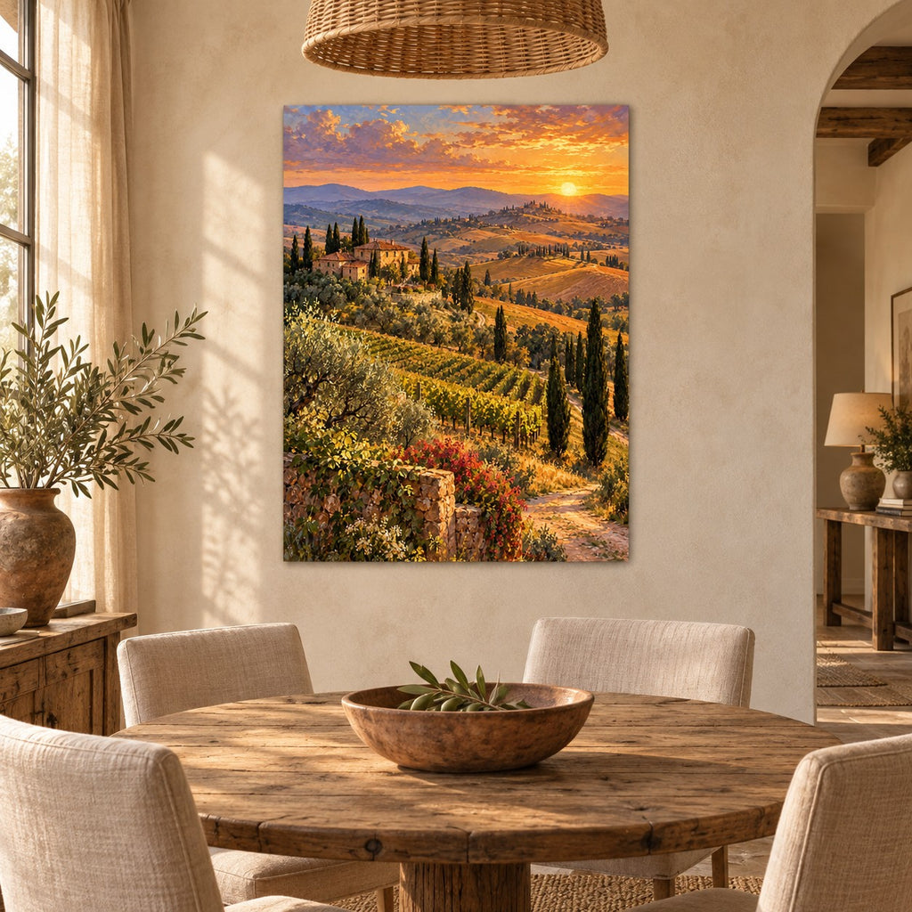Tuscan Hills Landscape Oil Painting Metal Wall Art — tuscan dining room