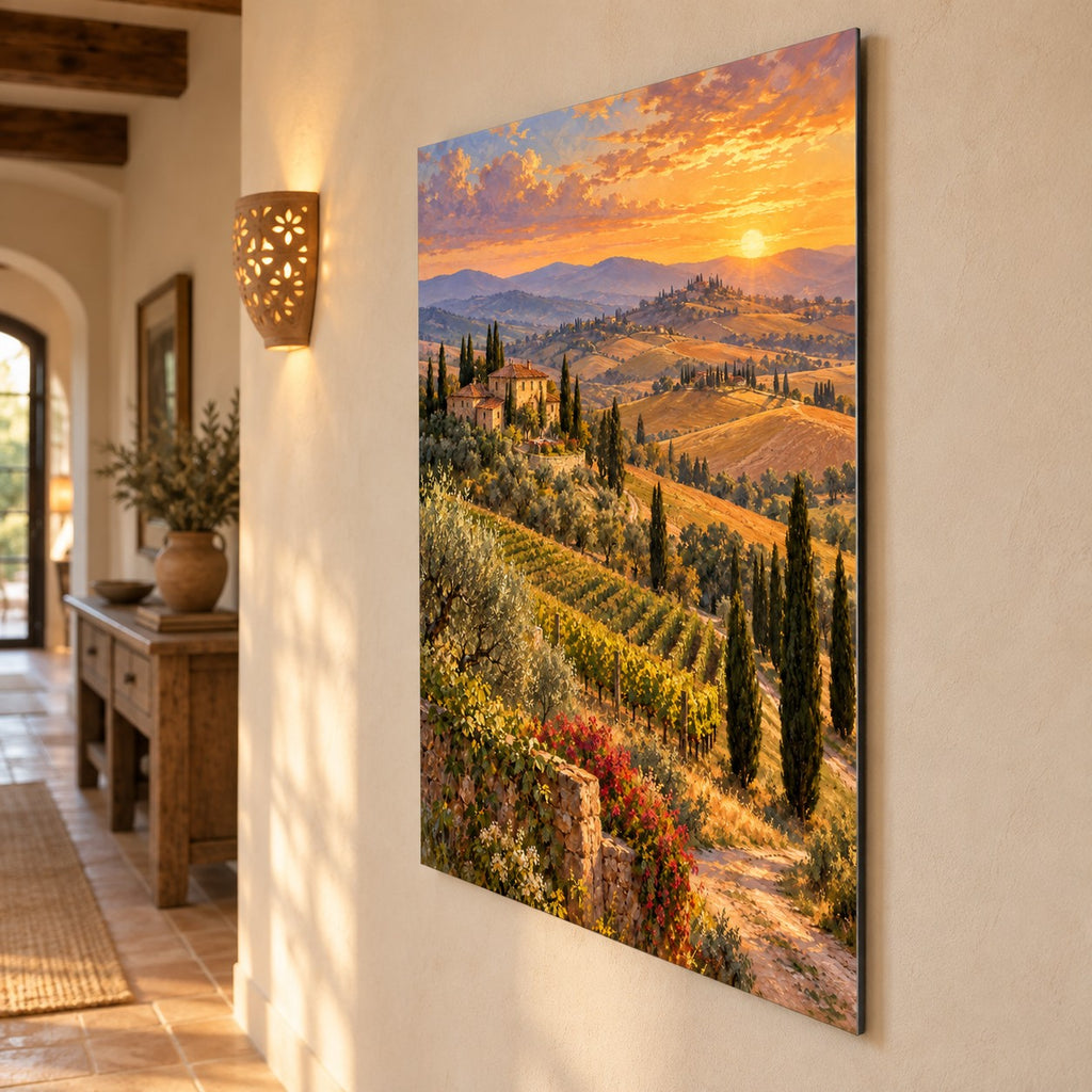 Tuscan Hills Landscape Oil Painting Metal Wall Art — side angle hallway