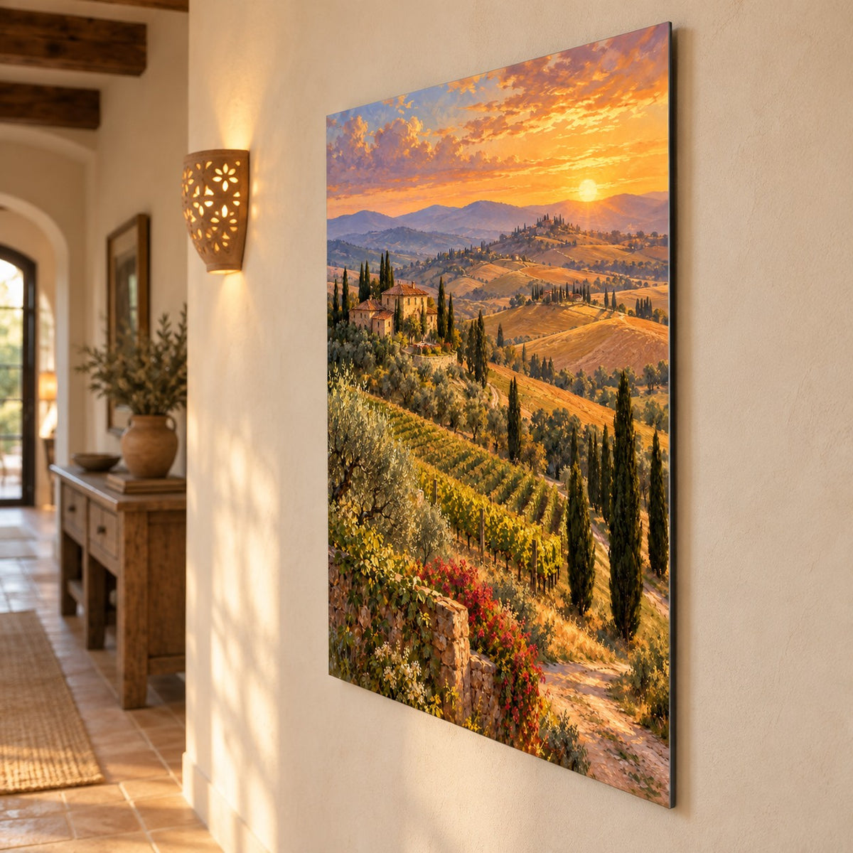 Tuscan Hills Landscape Oil Painting Metal Wall Art — side angle hallway