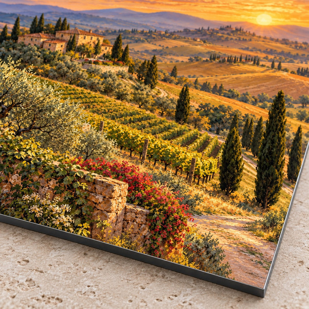 Tuscan Hills Landscape Oil Painting Metal Wall Art — macro print surface