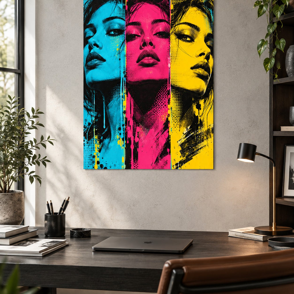 Electric Portrait Triptych Pop Art Metal Wall Art — fashion studio office