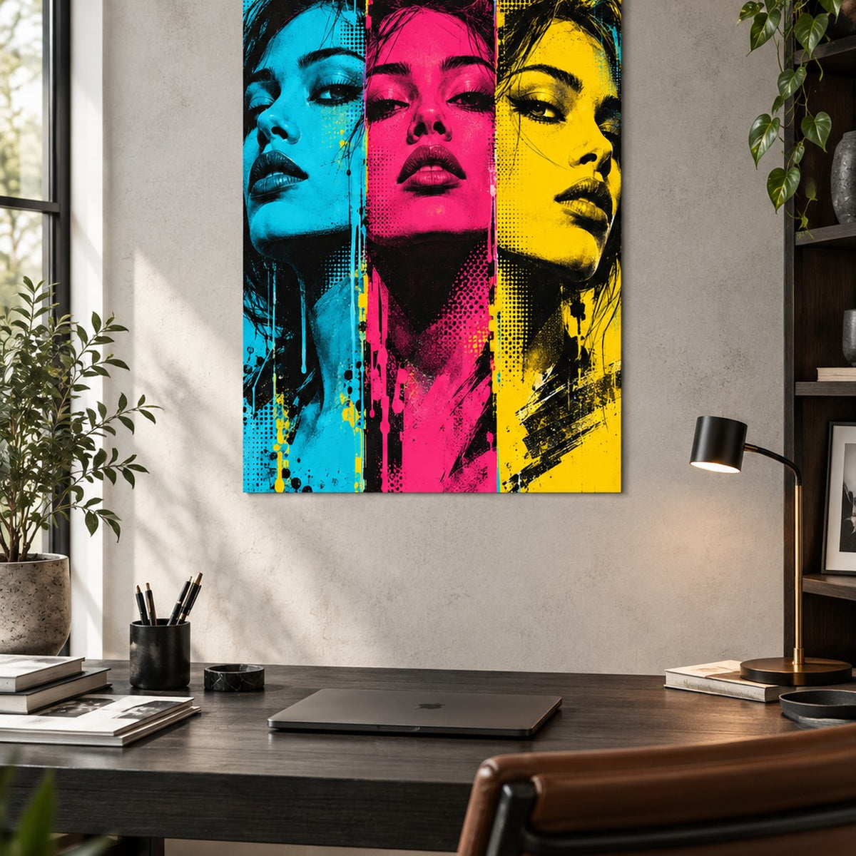 Electric Portrait Triptych Pop Art Metal Wall Art — fashion studio office
