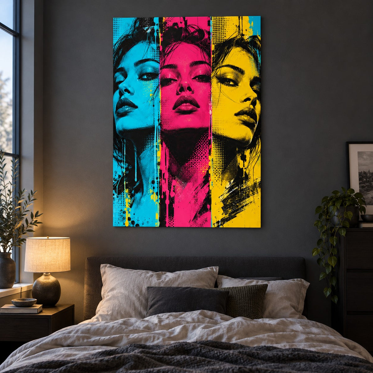 Electric Portrait Triptych Pop Art Metal Wall Art — dark bedroom