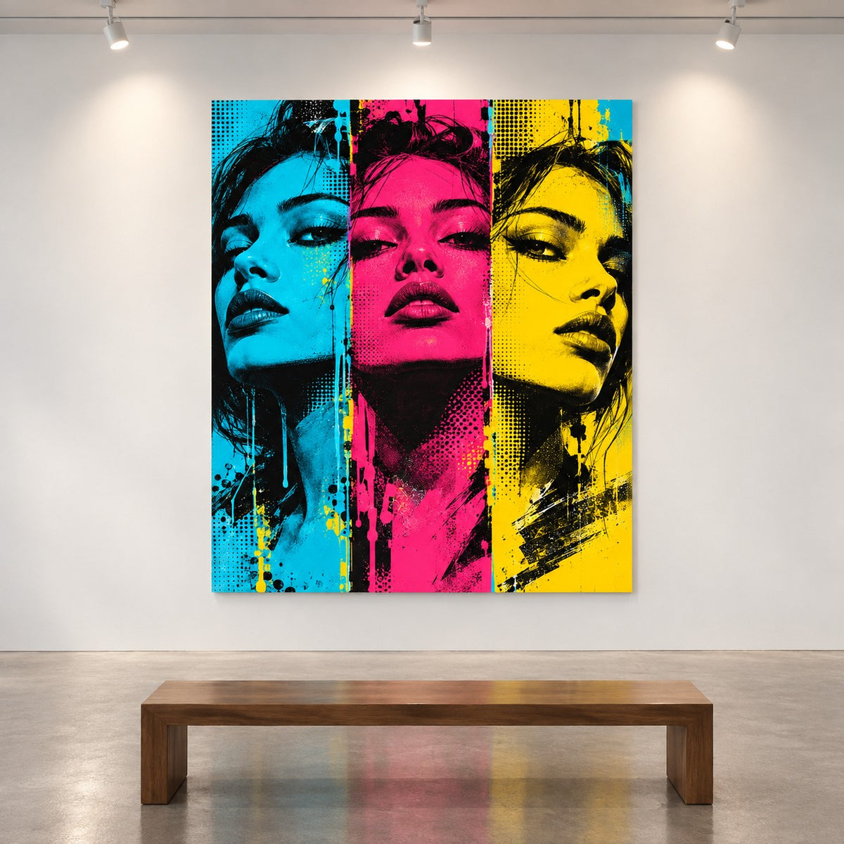 Electric Portrait Triptych Pop Art Metal Wall Art — gallery display