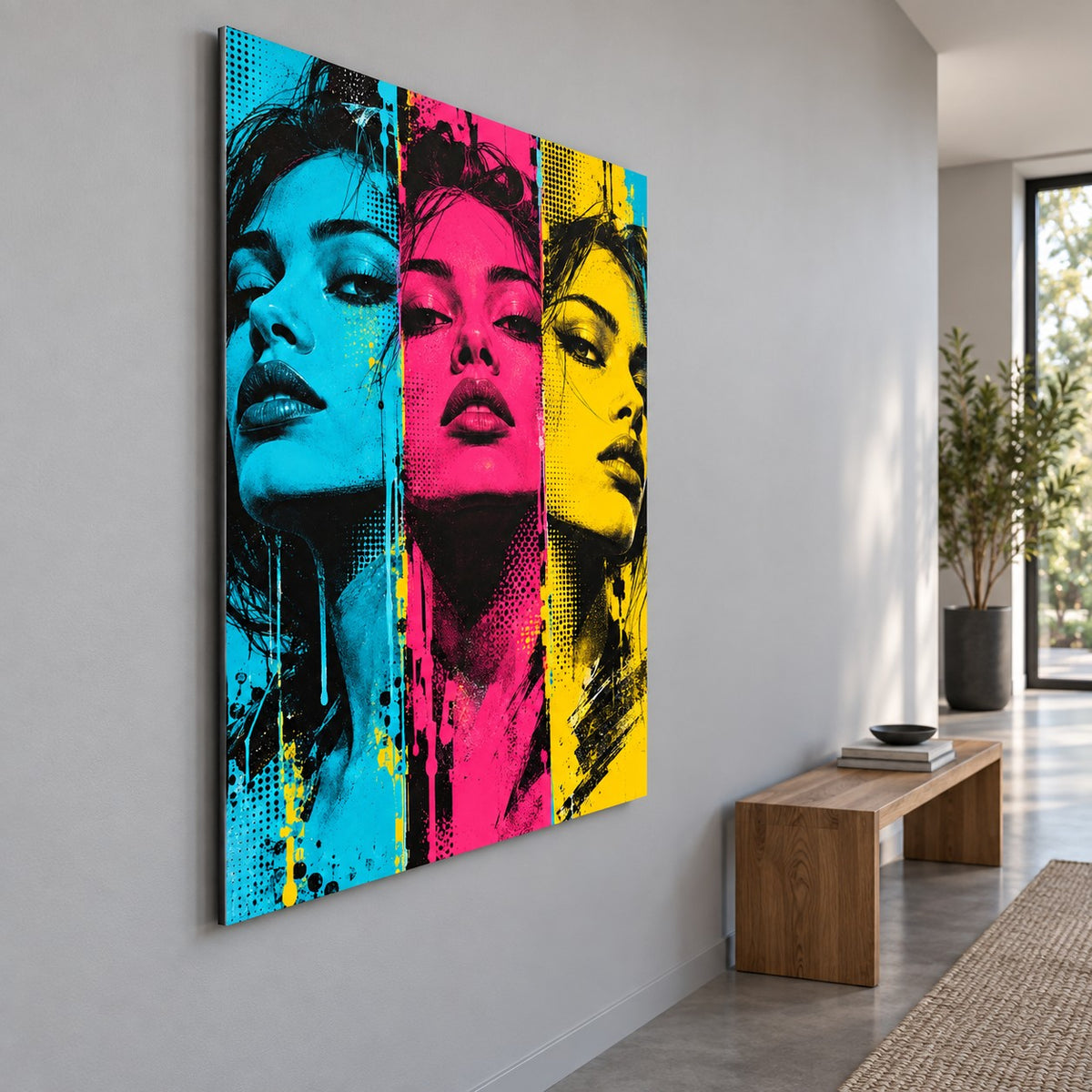 Electric Portrait Triptych Pop Art Metal Wall Art — side angle hallway
