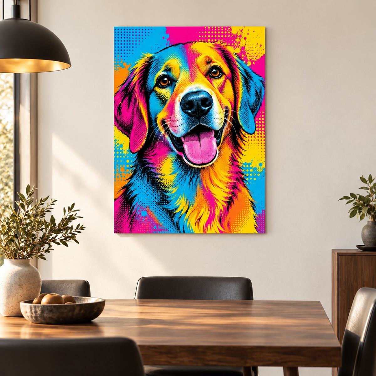 Colorful Pop Art Dog Metal Wall Art — bright dining room