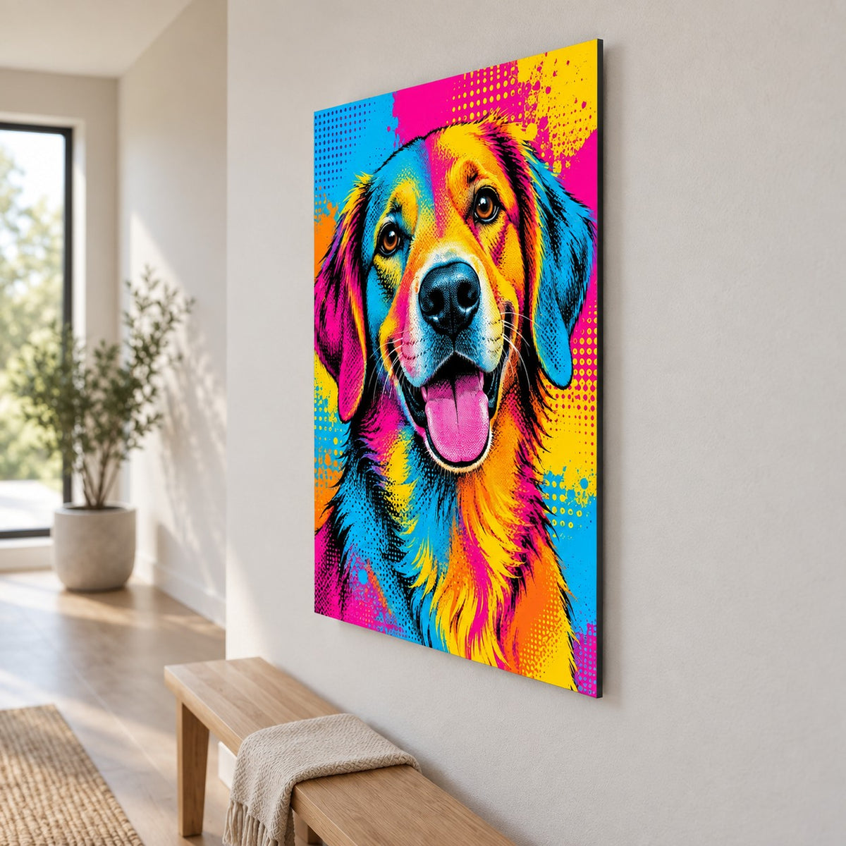 Colorful Pop Art Dog Metal Wall Art — side angle hallway