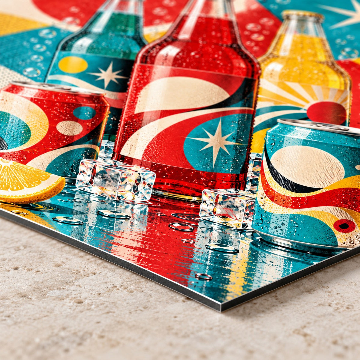 Retro Pop Soda Still Life Metal Wall Art — closeup bottom corner