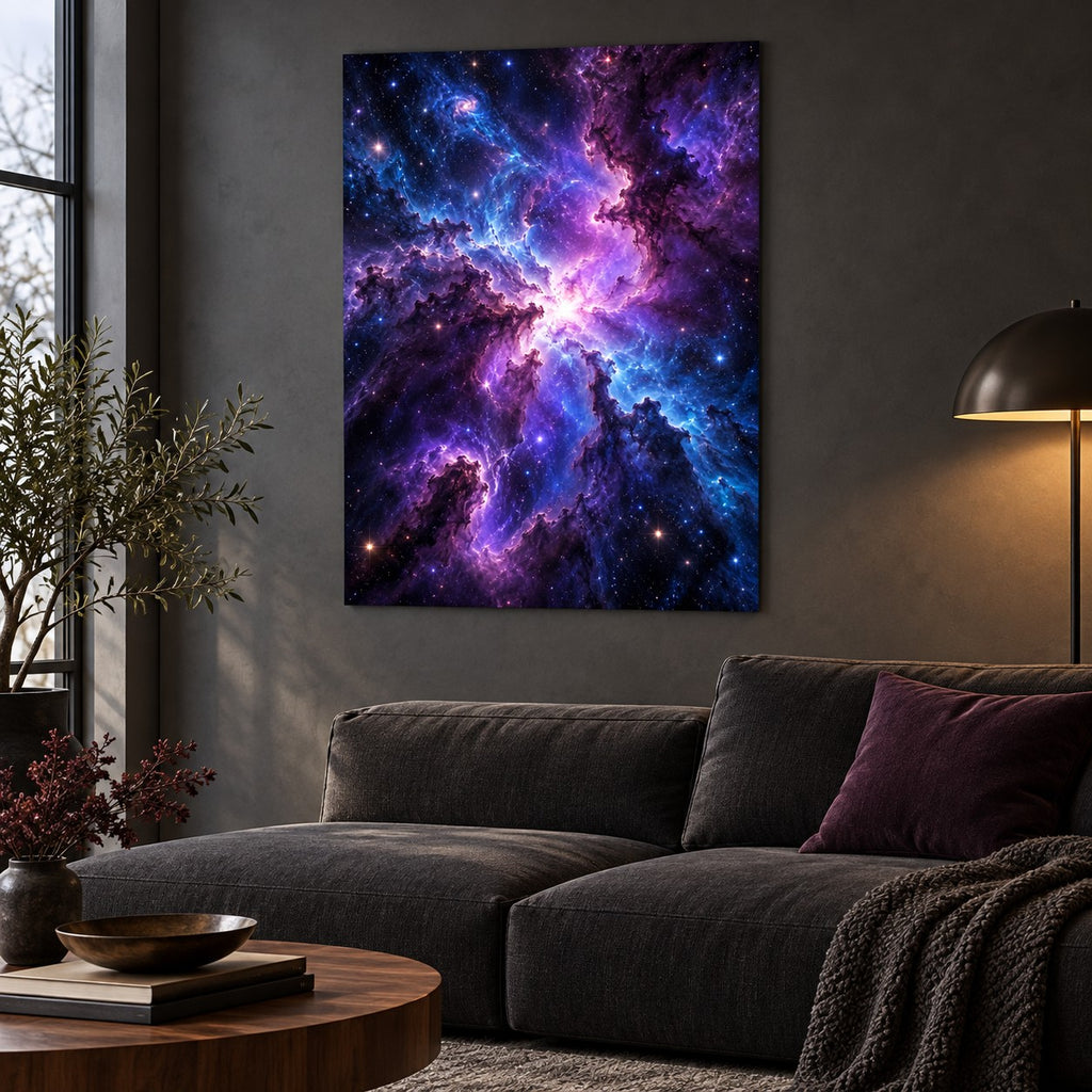 Deep Nebula Storm Space Metal Wall Art — dark modern living room