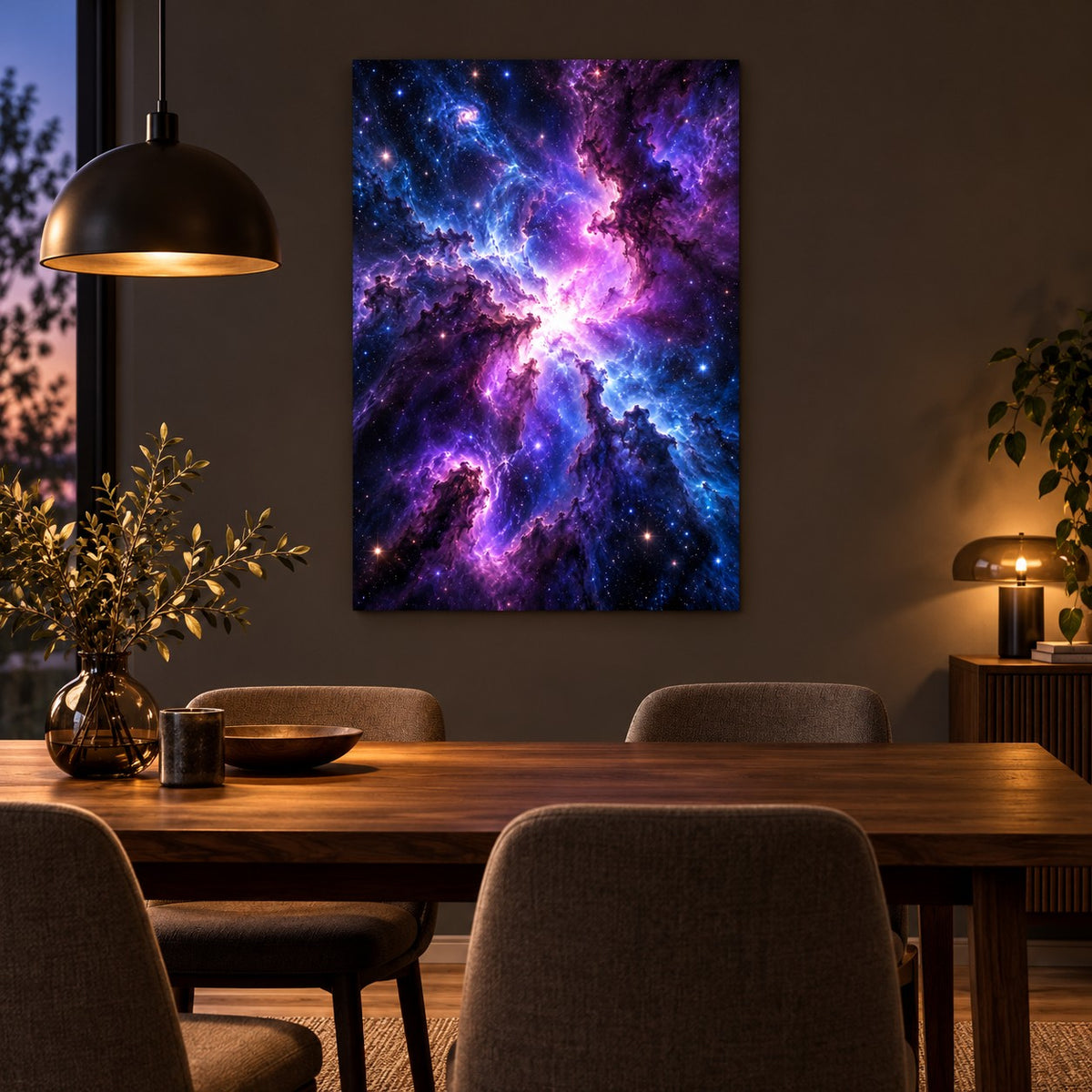 Deep Nebula Storm Space Metal Wall Art — moody dining room