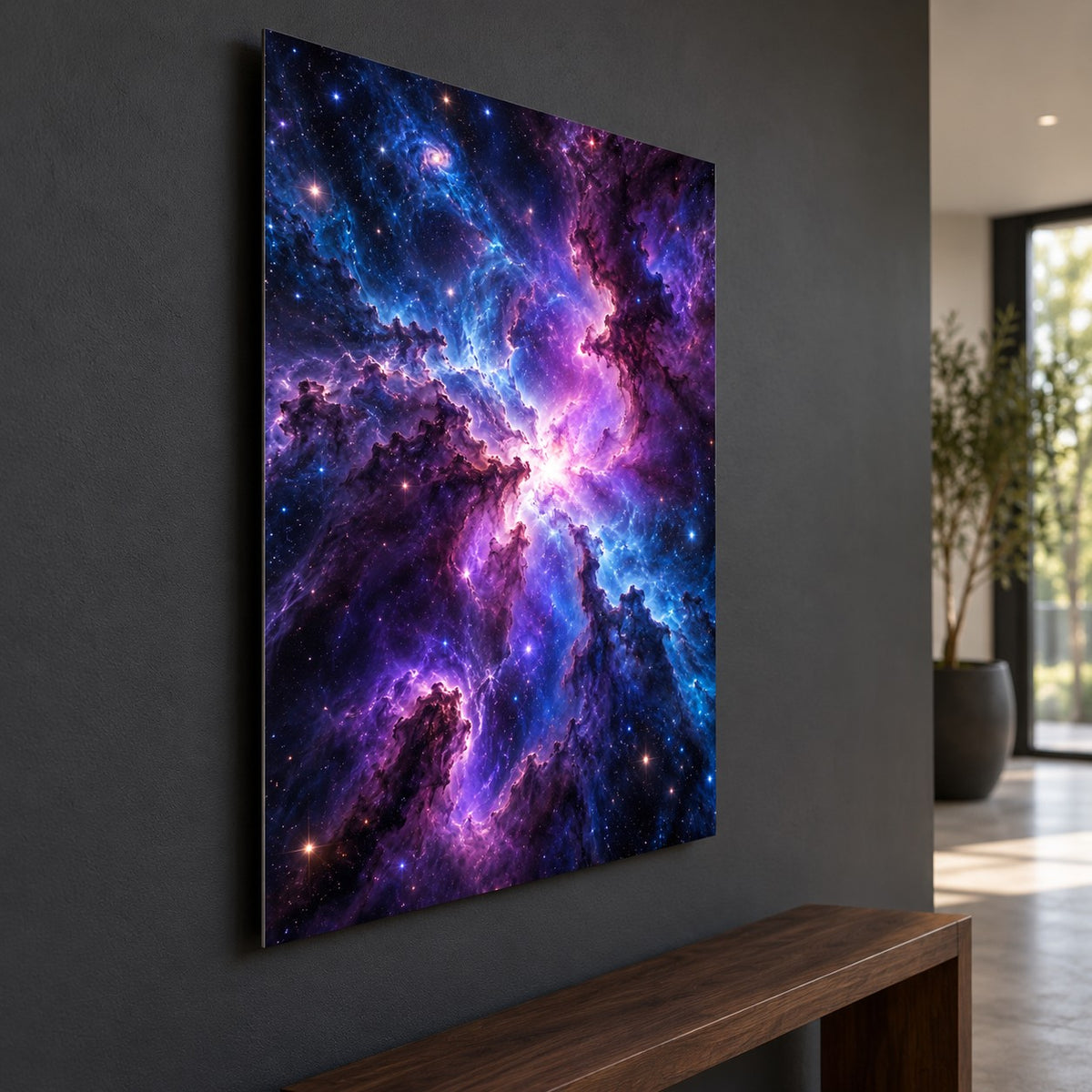 Deep Nebula Storm Space Metal Wall Art — side angle hallway