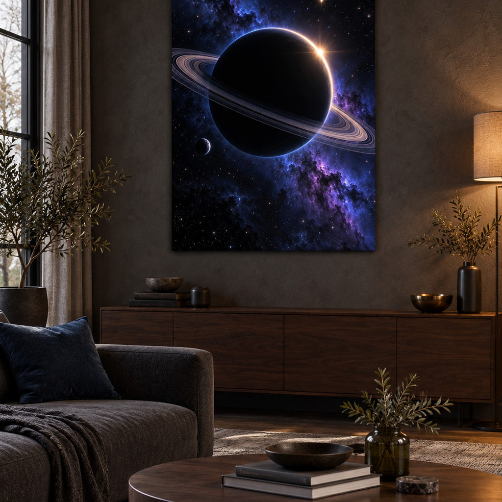 Ringed Planet Eclipse metal wall art — dark living room