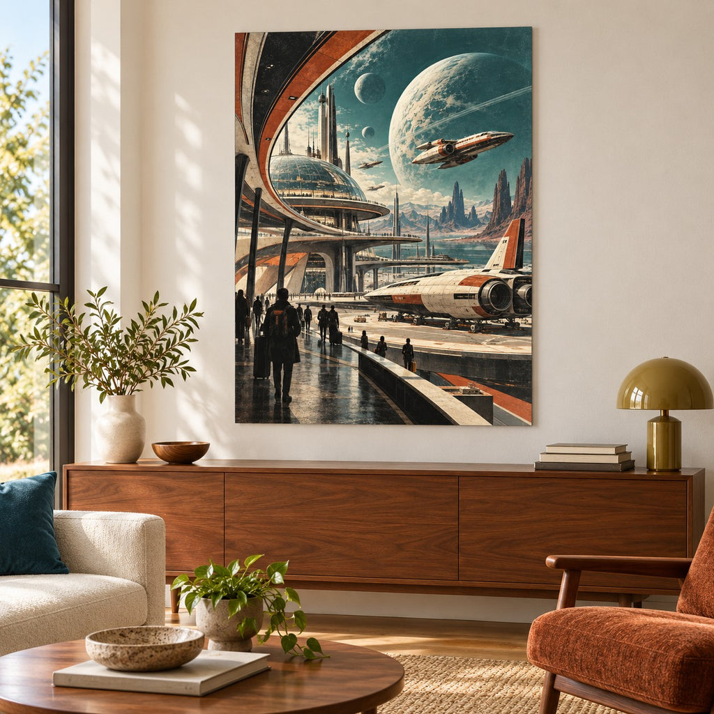 Retro Future Spaceport metal wall art — mid-century living room