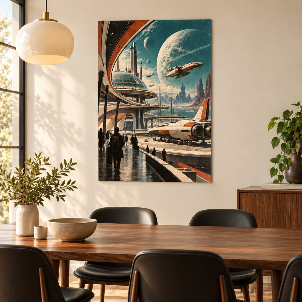 Retro Future Spaceport metal wall art — modern dining room